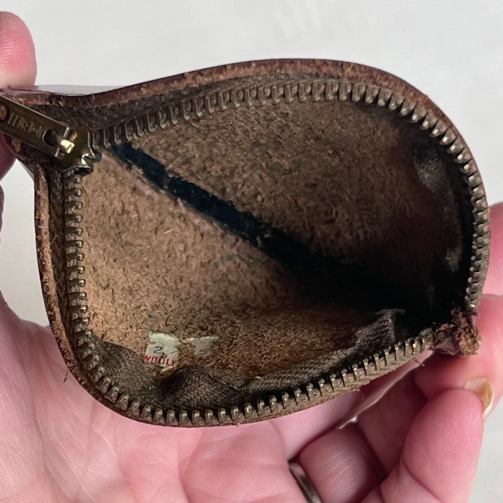 Vintage Brown Top Grain Cowhide Leather Coin Purse Oval Zip Pouch Talon Zipper